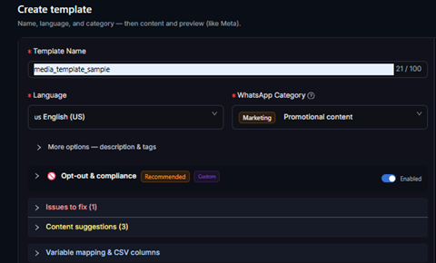 Figure 4 — Template metadata: name, language, and category selection.